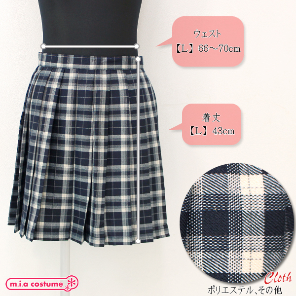 【830円★数量限定】ポケット付きのチェック柄プリーツスカート単品 濃紺×クリーム Lサイズ<お一人様1点限り>